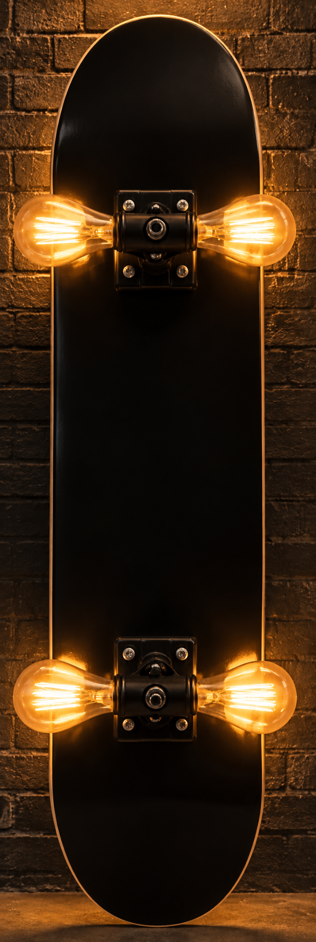 Black skateboard with illuminated light bulb wheels